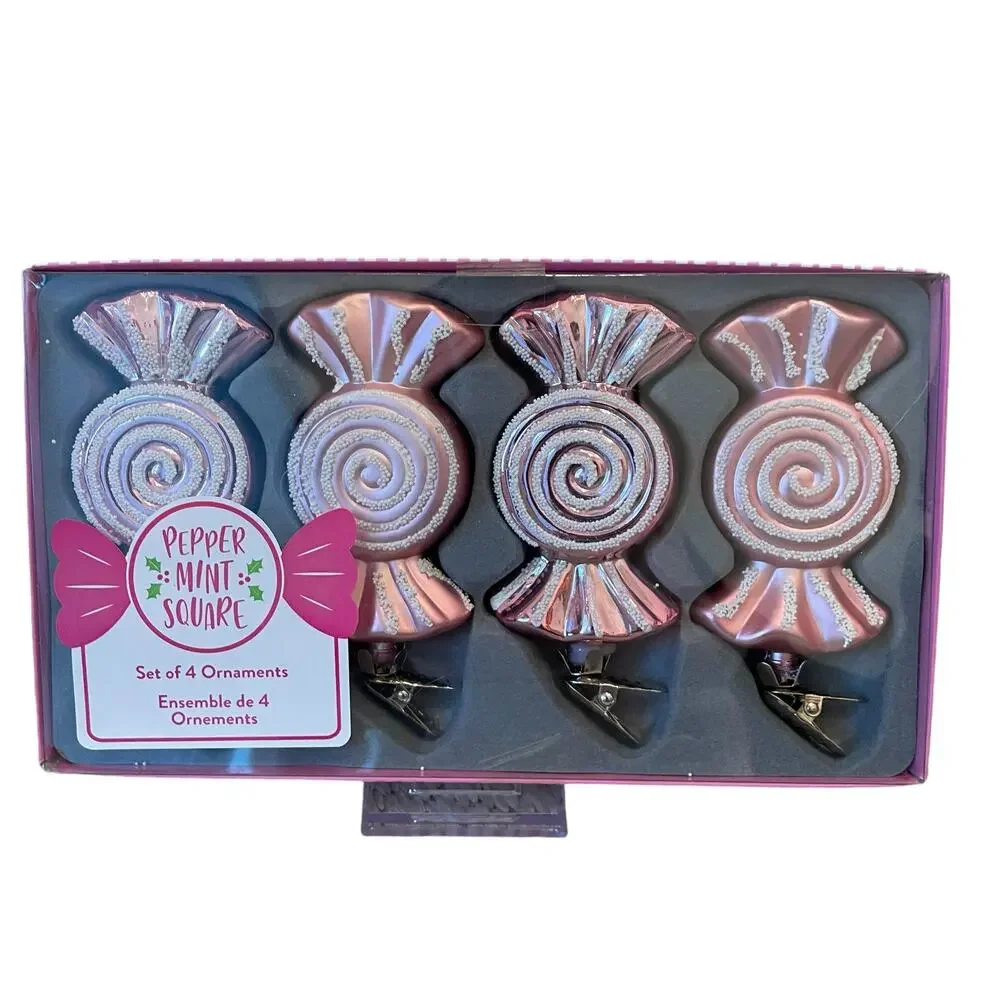 Pepper Mint Square CHRISTMAS CANDY Shaped Clip On Ornaments Set of 4 PINK Swirl